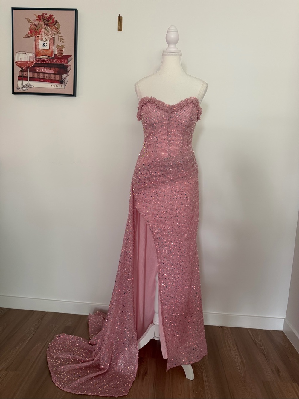 Blush Pink Sequin Lace-Up Formal gown with train and transparent straps S/M